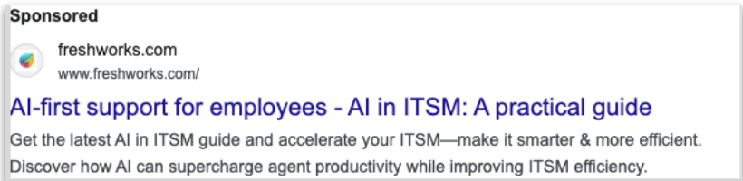 Freshworks paid-search advertisement for an AI in ITSM guide