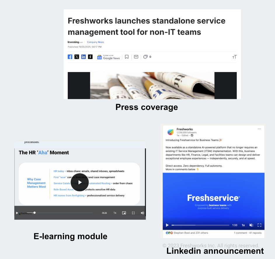Freshservice for Business Teams press coverage, e-learning and LinkedIn launch assets