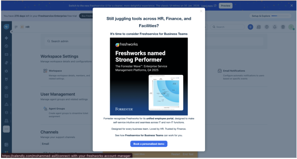 In-product message for Freshservice for Business Teams
